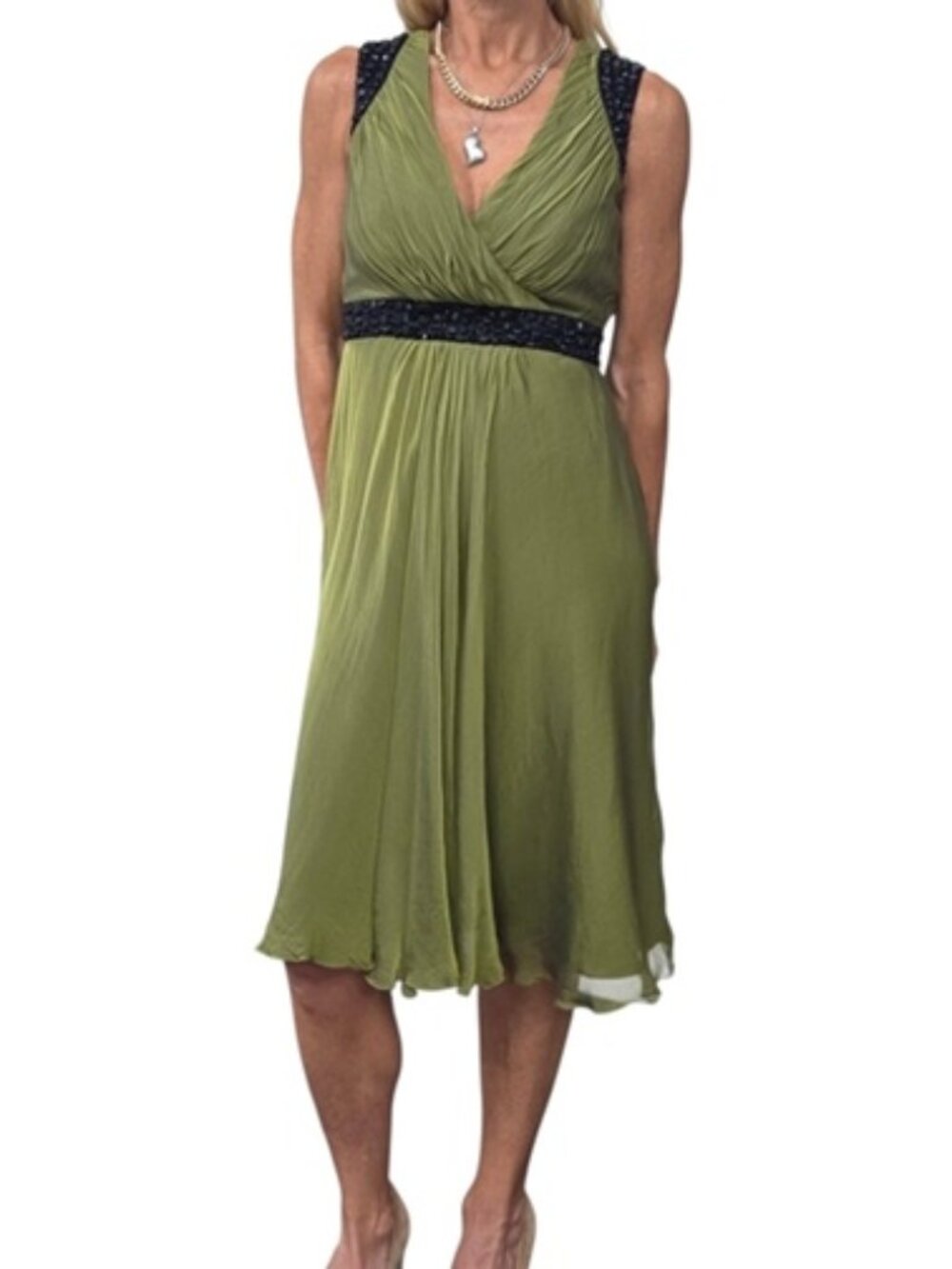 Carmen Marc Valvo 100% Silk Olive Green Beaded Draped Dress Size 4